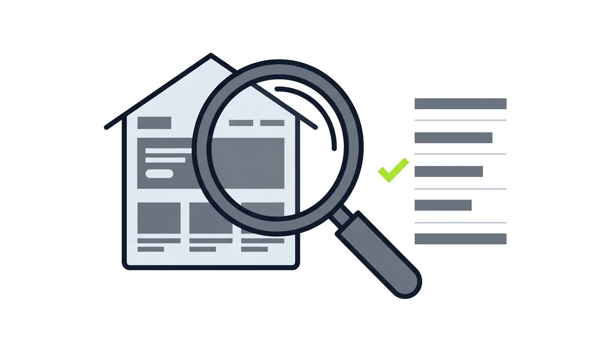 Uma lupa sobre um cartão em formato de casa que representa o site, ao lado de uma lista de páginas com um visto verde