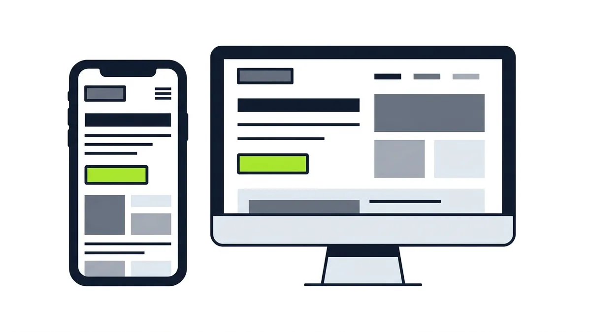 Um celular e um monitor mostrando o mesmo layout organizado, com um botão verde