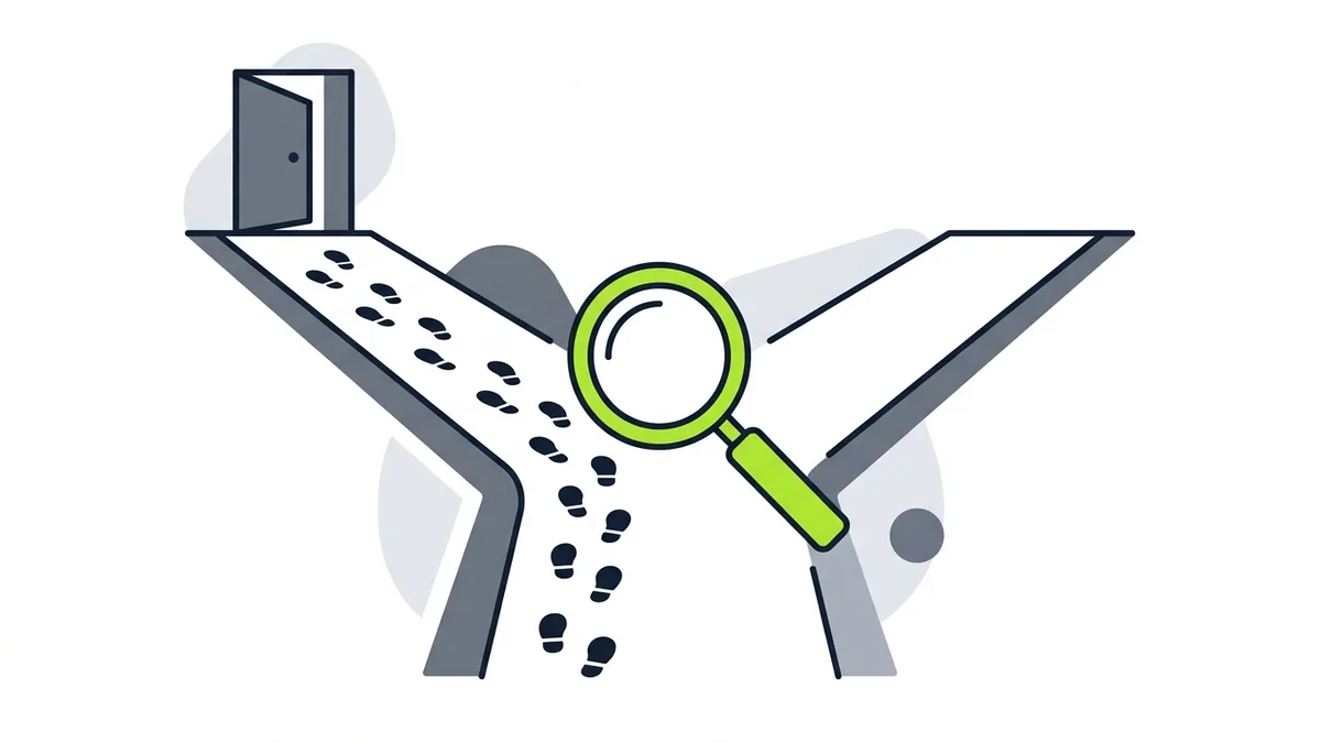 Illustration of a fork in a road, one path with footprints leading to a door and one empty path, with a green magnifying glass between them
