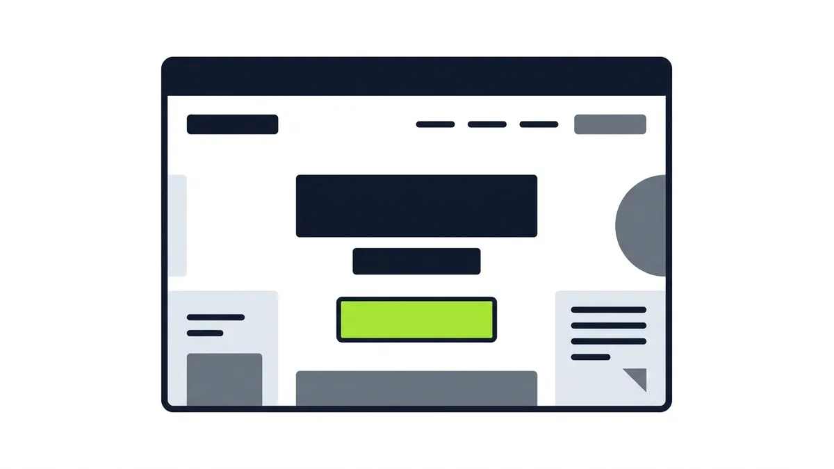 Illustration of a browser window with a large headline block, a smaller block below it and one green button