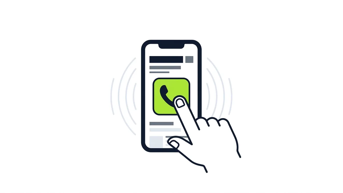 Illustration of a smartphone with a large green phone button and a thumb tapping it