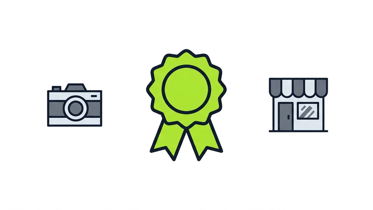 Illustration of a green ribbon badge between a camera icon and a small storefront