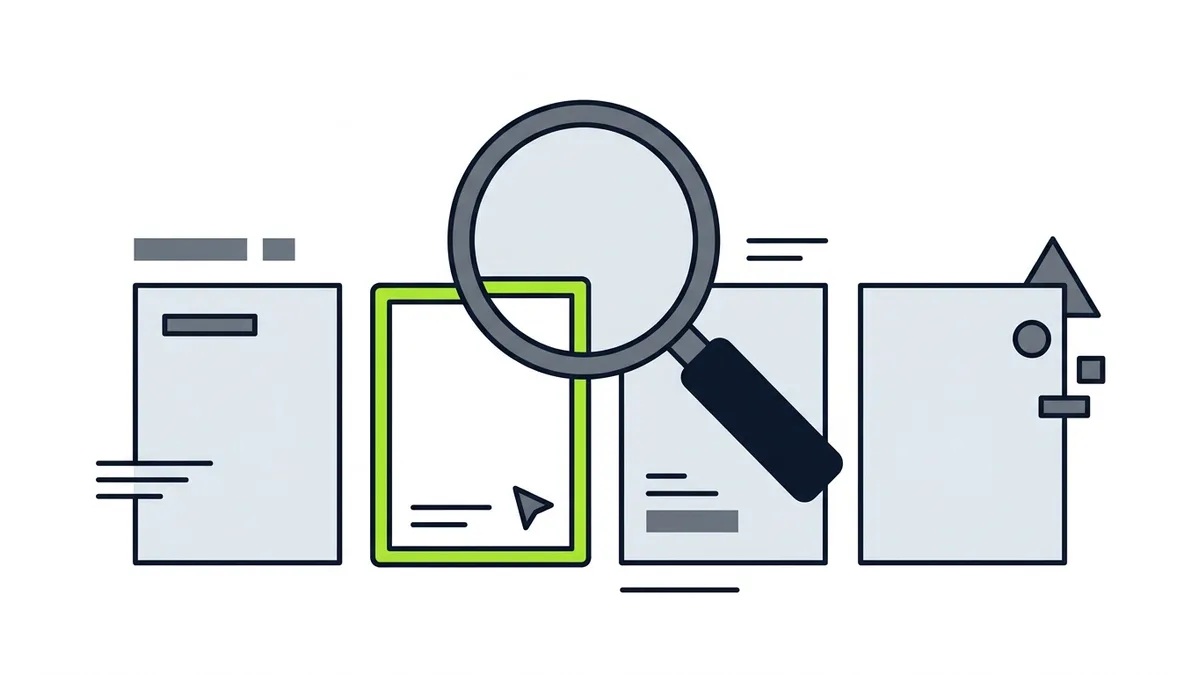 Illustration of a magnifying glass over a row of blank page cards, one outlined in green