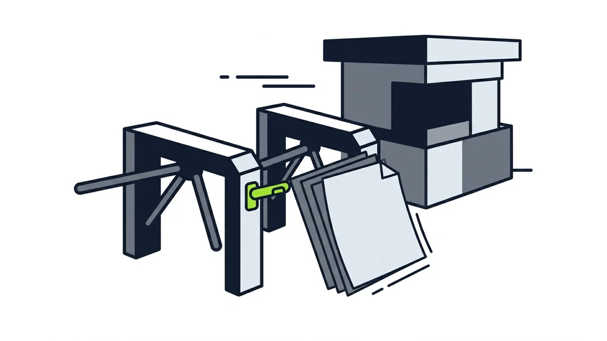 Illustration of a turnstile gate with a green latch stopping a stack of blank pages from entering a building