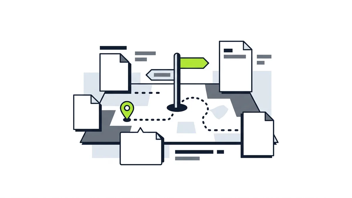 Illustration of a map with a dotted path linking blank page cards to a signpost with a green sign