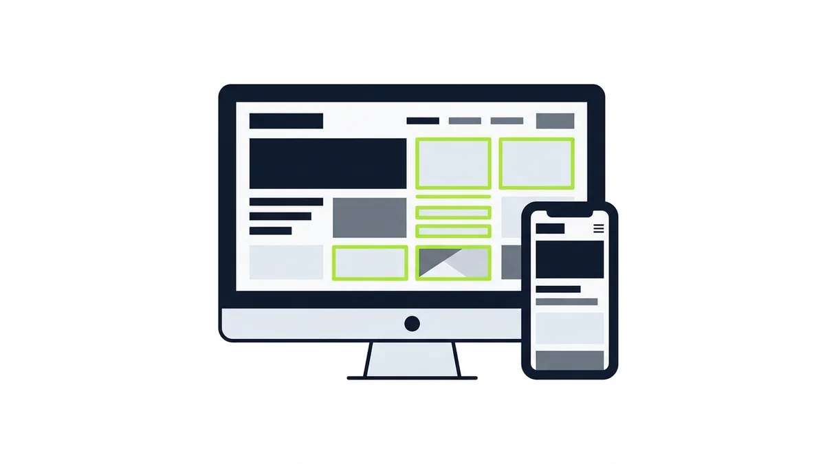 Illustration of a desktop monitor with many blocks and a phone with fewer blocks, the missing blocks outlined in green