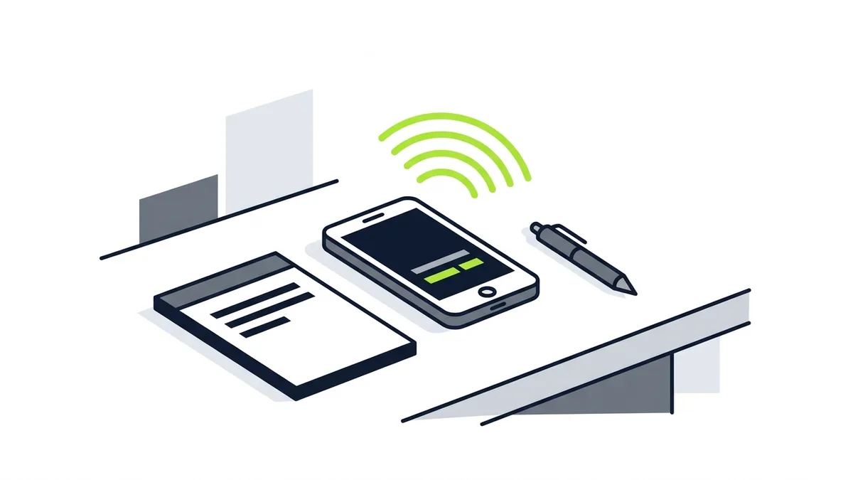 Illustration of a smartphone ringing beside a notepad and a pen, with green sound waves rising from the phone