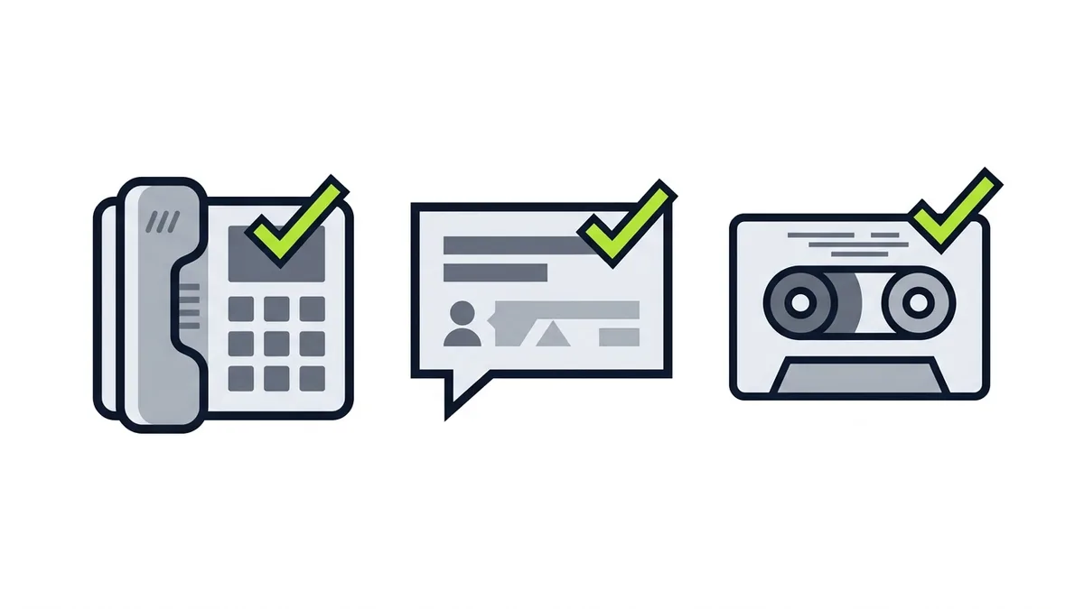 Illustration of a telephone, a chat bubble and a voicemail tape, each marked with a green check