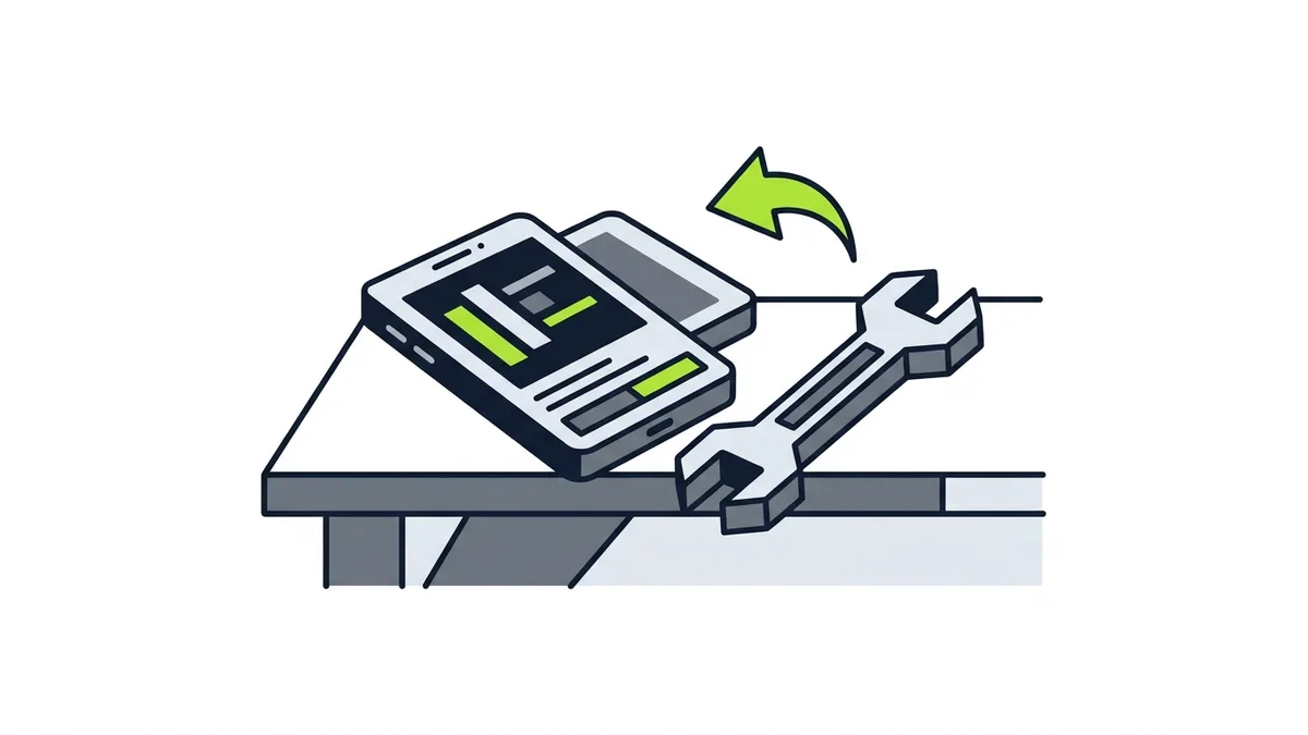 Illustration of a phone lying unanswered on a workbench beside a wrench, with a green arrow curving back toward it