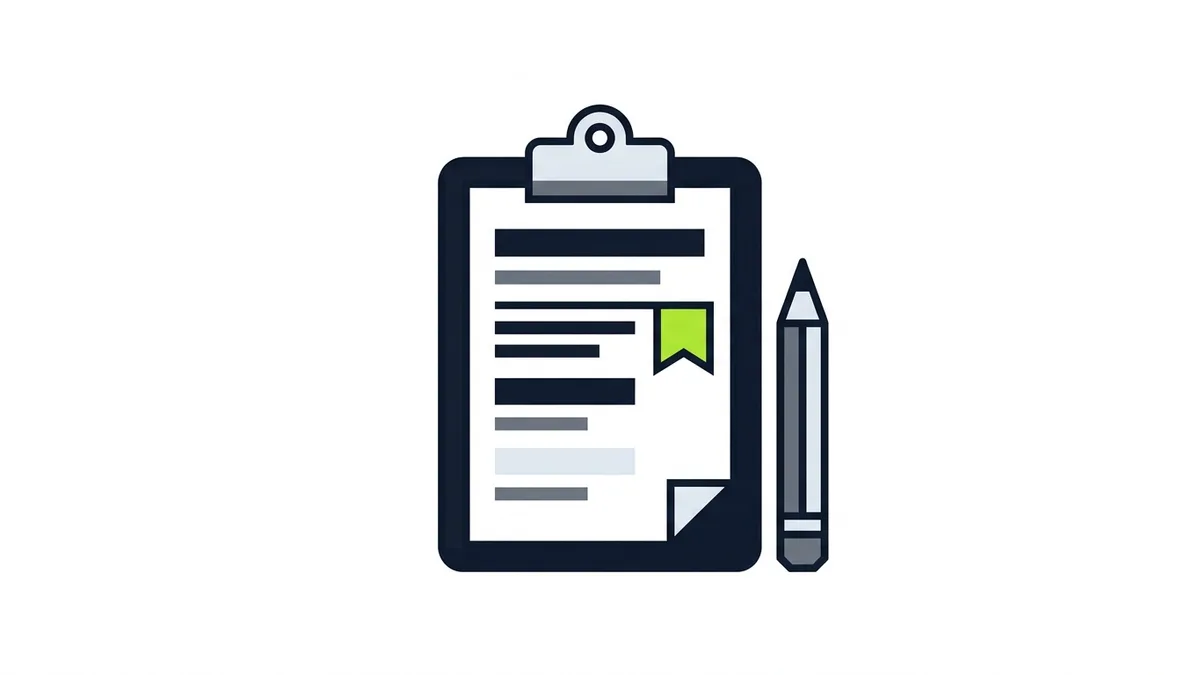 Illustration of a clipboard with a green flag on one line of a list and a pencil beside it