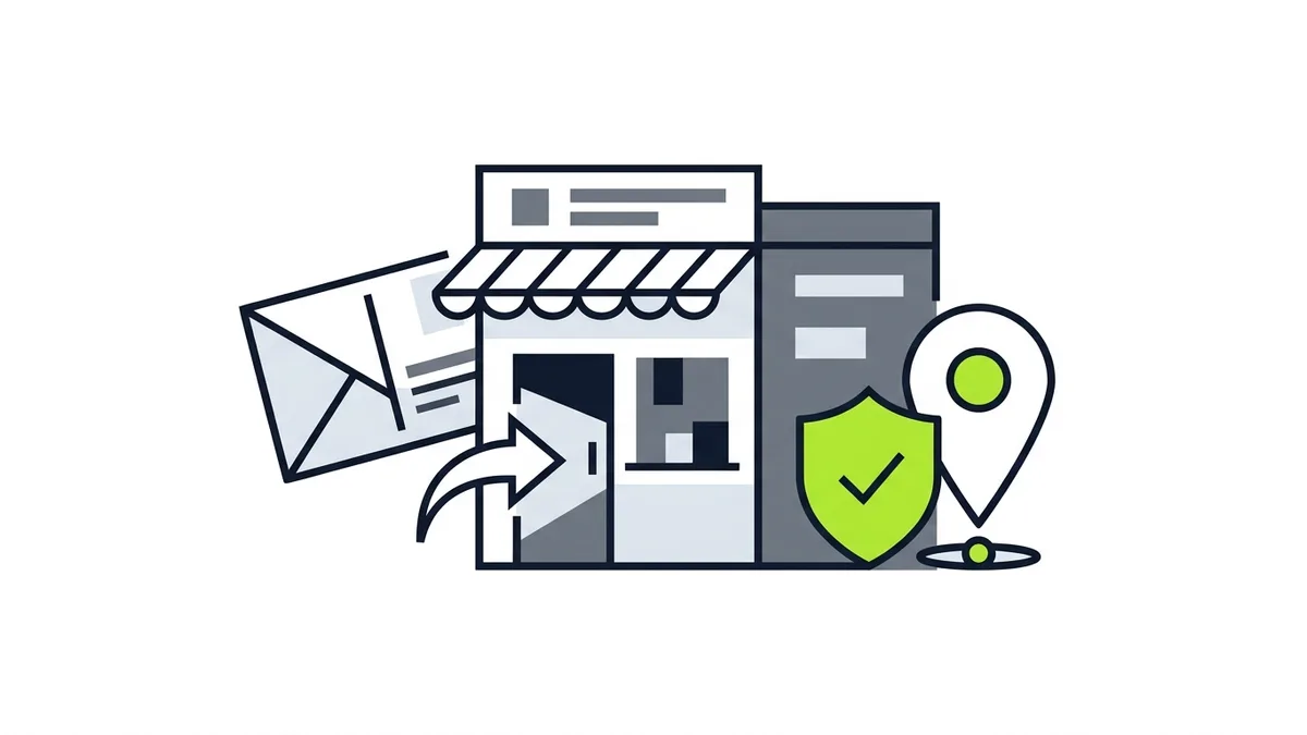 Illustration of a storefront with a verification postcard arriving and a green shield with a check mark beside a map pin
