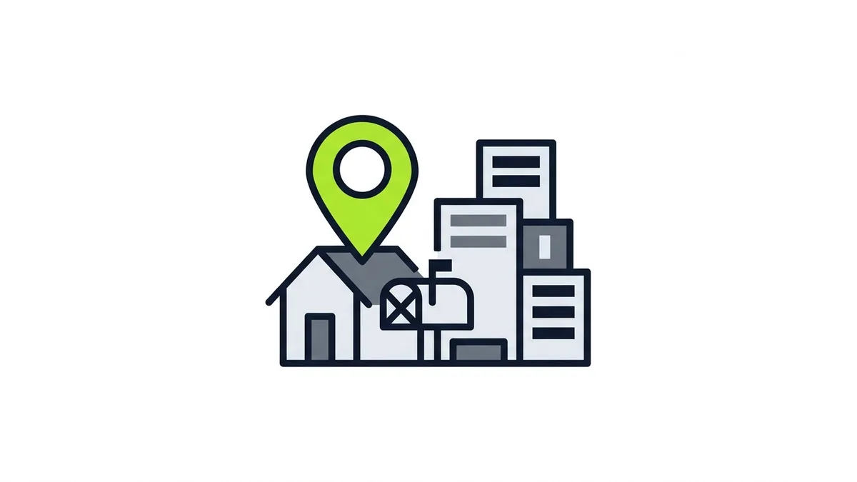 Illustration of a map pin on a small house with a crossed-out mailbox beside a stack of office building outlines