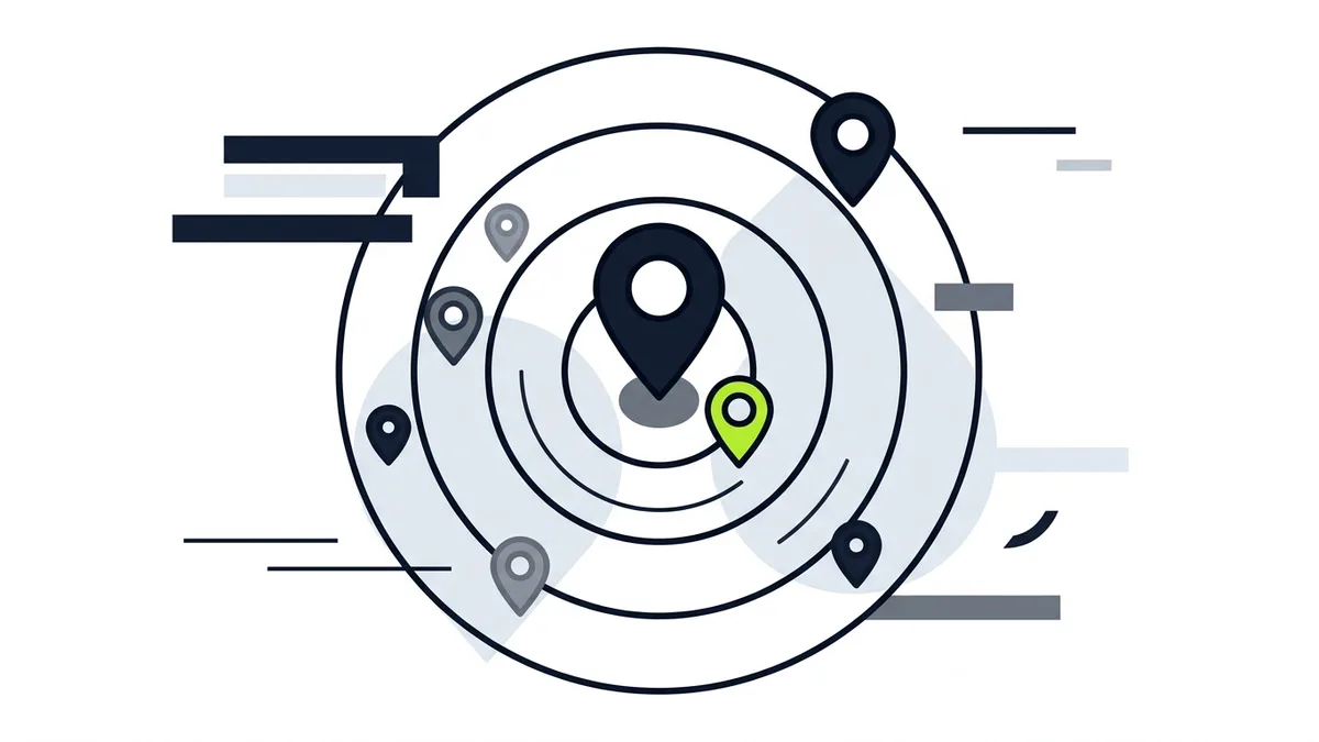 Illustration of a central map pin with concentric circles and several smaller pins at different distances, the nearest one highlighted in green