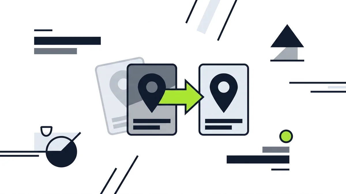 Illustration of two overlapping map pin cards, one faded gray, with a green arrow merging them into one clean card