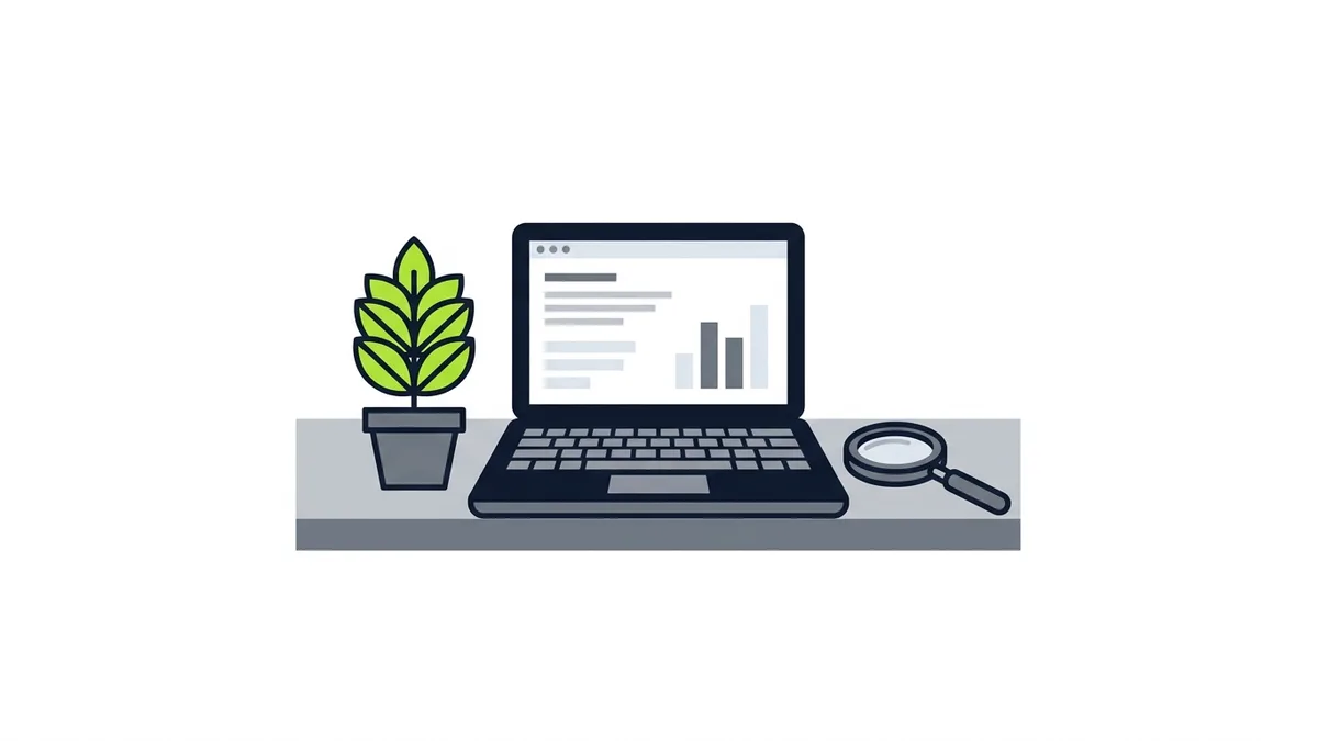 Ilustração de uma mesa com notebook, uma planta em vaso e uma lupa