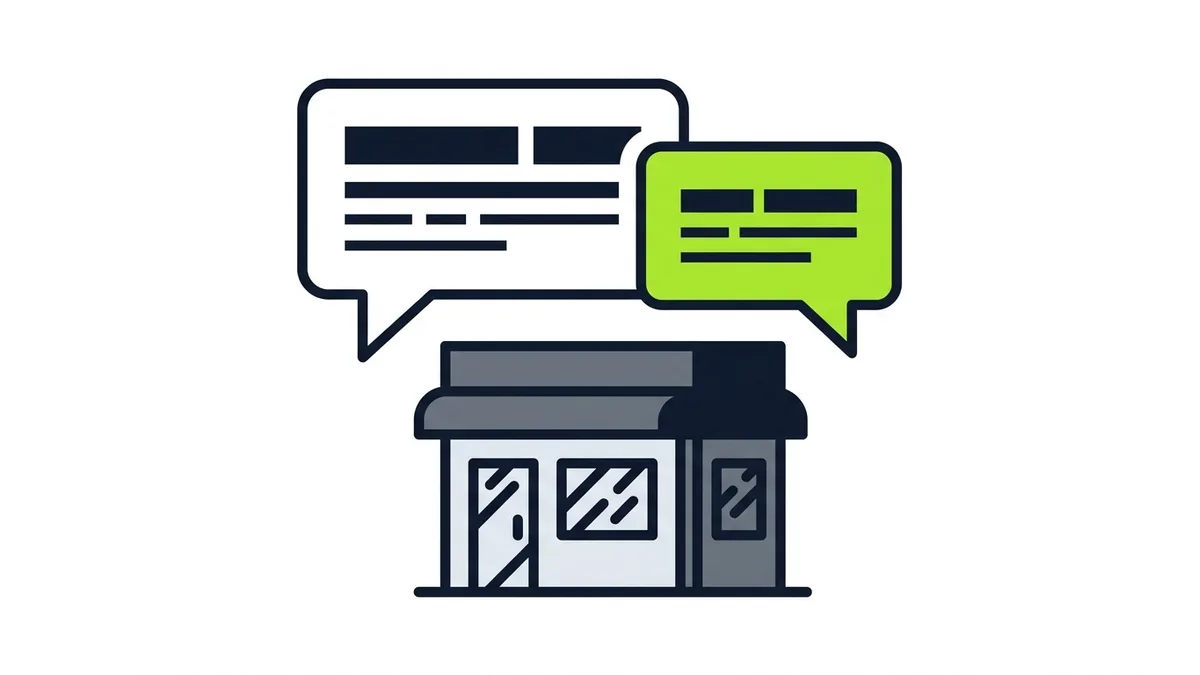 Illustration of two speech bubbles above a small storefront, one graphite and one green