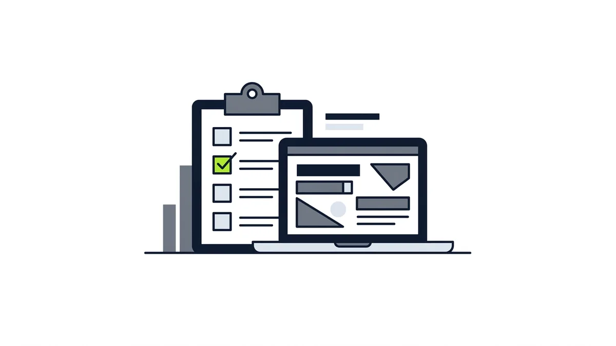 Illustration of a clipboard with one green checked box beside a laptop