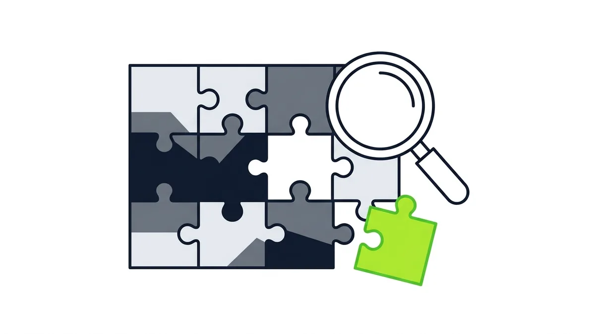 Illustration of a half-finished jigsaw puzzle with one green piece set aside beside a magnifying glass