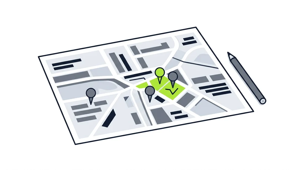 Mapa de papel em branco sobre uma mesa, com alguns alfinetes cinza e um alfinete verde marcando um grupo pequeno de quarteirões