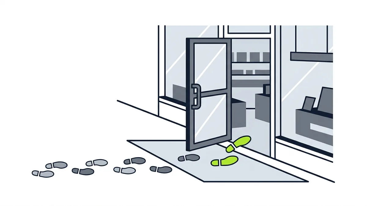 Ilustração de várias pegadas cinzas num tapete de entrada se aproximando de uma loja, com apenas um par de pegadas em verde atravessando a porta aberta