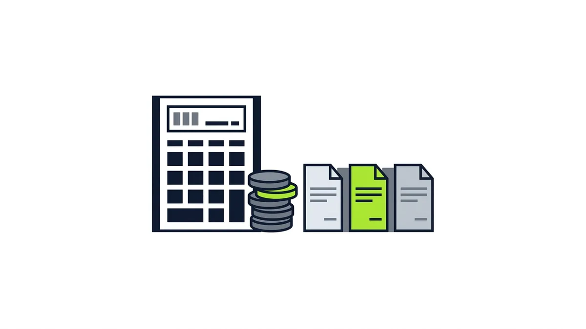 Ilustração de uma calculadora ao lado de uma pilha de moedas cinzas e três folhas de papel, uma delas em verde