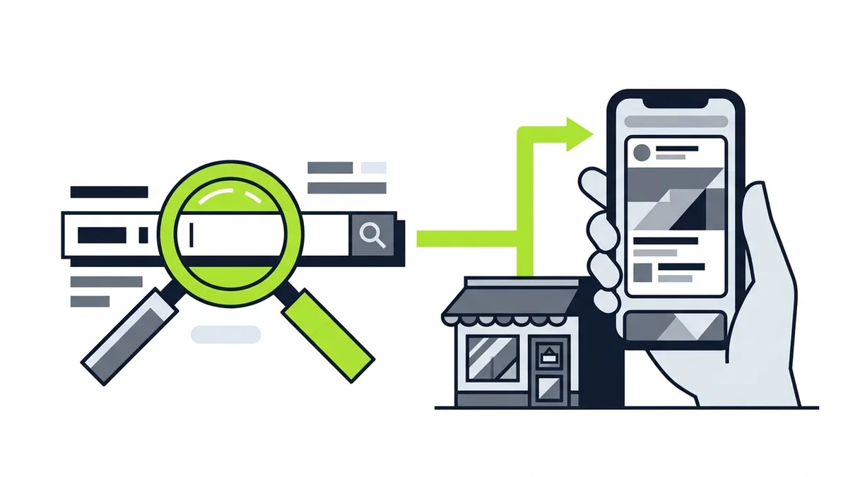Illustration of a magnifying glass over a search bar beside a hand holding a phone with a social feed card and a small storefront