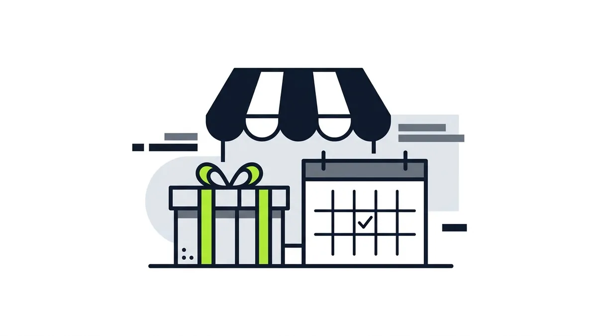 Illustration of a gift box with a green ribbon next to a calendar with a checkmark under a shop awning