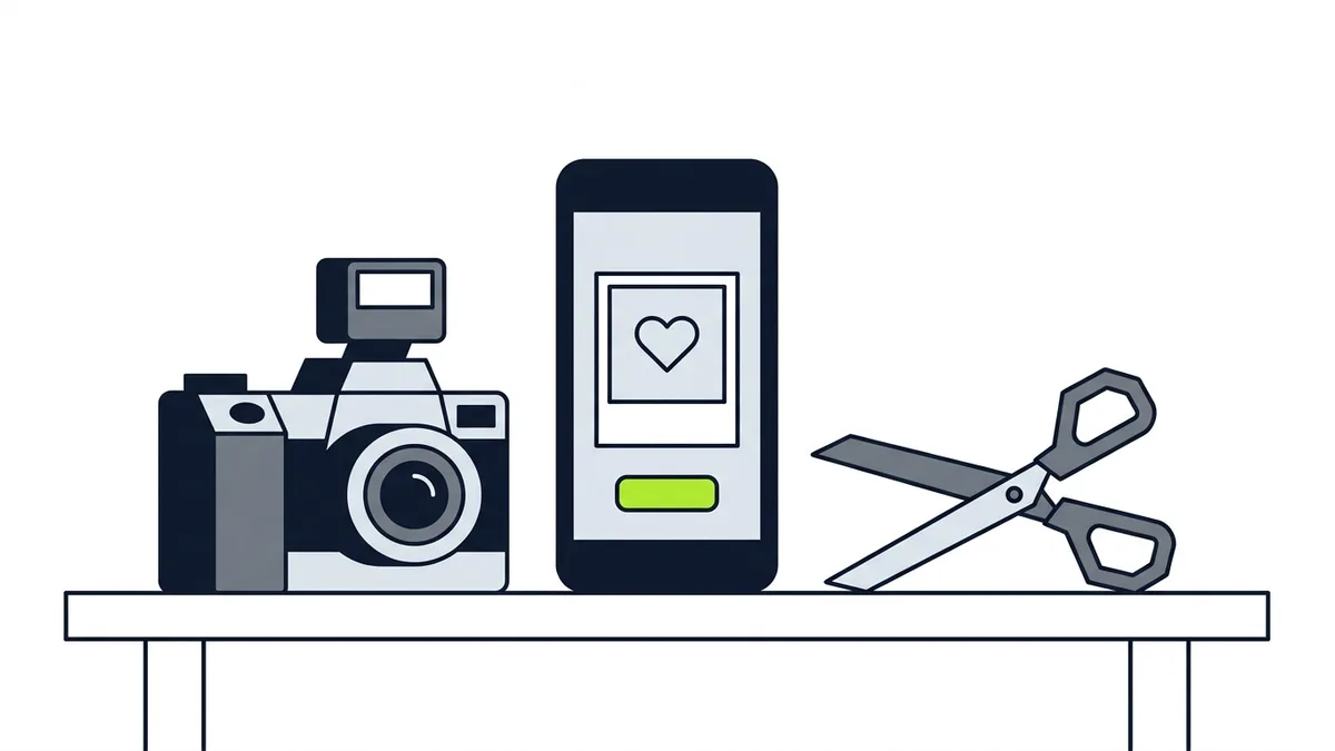 Illustration of a camera, a phone showing a photo card with a heart and a green button, and scissors on a table