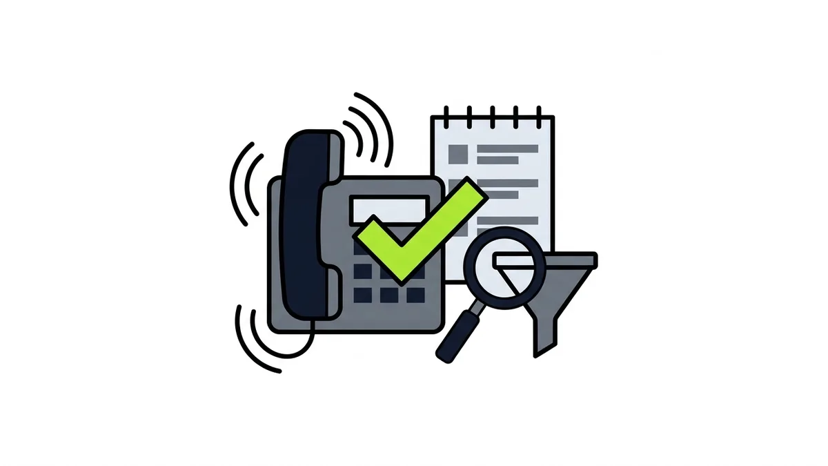 Illustration of a ringing desk phone, a notepad checklist, a magnifier and a funnel with a green checkmark