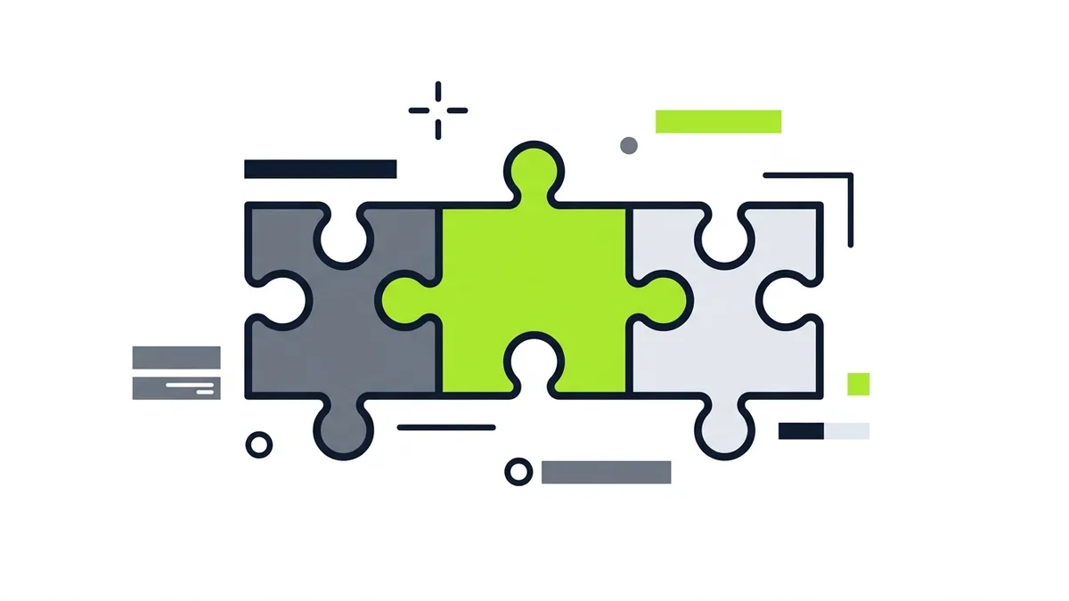 Three interlocking puzzle pieces in a row, two gray and one green