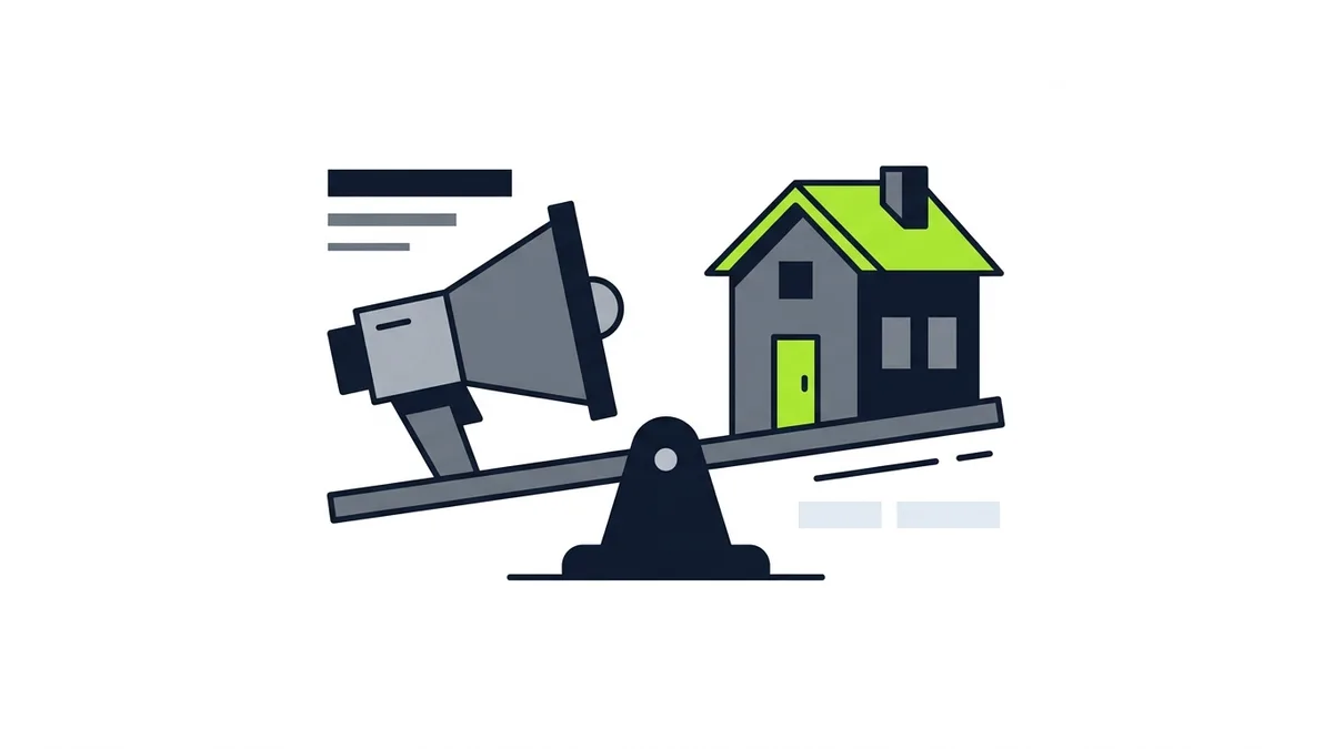 A simple balance scale with a megaphone on one side and a house on the other