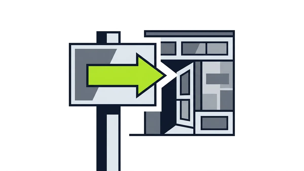 A signpost with a green arrow pointing toward a storefront door