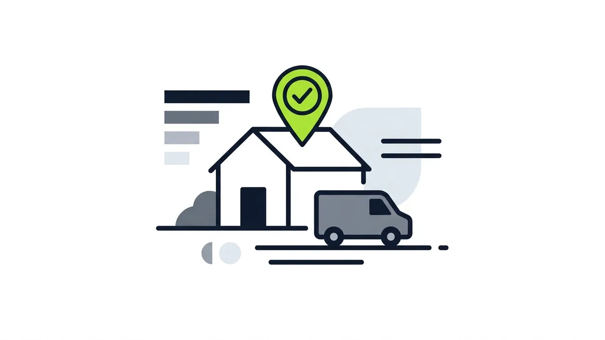 Ilustração de uma casa com um pino verde de localização e uma van ao lado, representando negócio elegível para o mapa