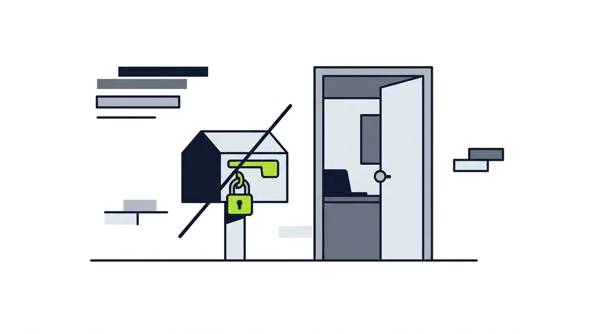 Ilustração de uma caixa de correio cortada por uma linha, ao lado de uma porta aberta de escritório real