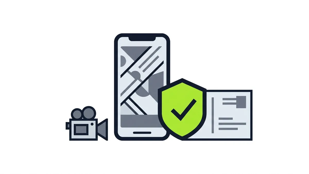 Ilustração de um celular com mapa, um escudo verde de verificação, um cartão postal e uma câmera de vídeo