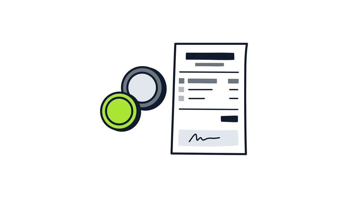 A receipt-style sheet next to two coins, a small green coin overlapping a larger gray one