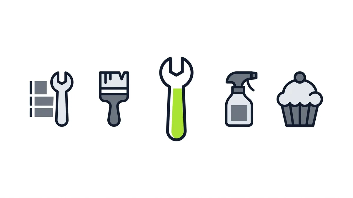 A wrench, a paintbrush, a spray bottle and a cupcake in a row, the wrench with a green accent
