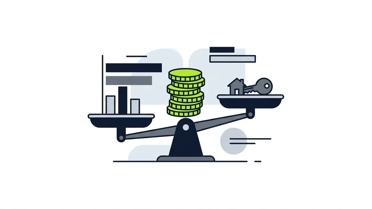A balance scale with a stack of green coins in the center and a house key on one side