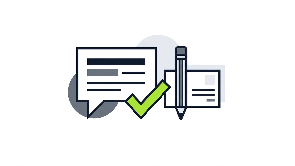 Illustration of a speech bubble with a green check mark next to a pencil and a blank reply card