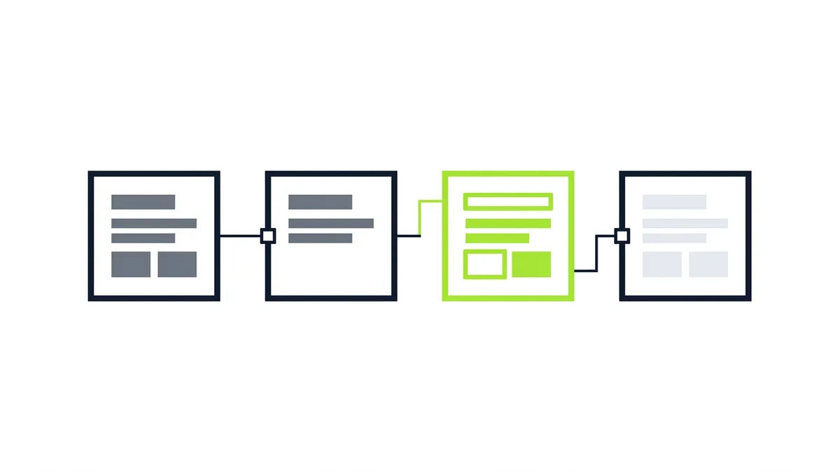 Illustration of four blank note cards connected by thin lines, one highlighted in green