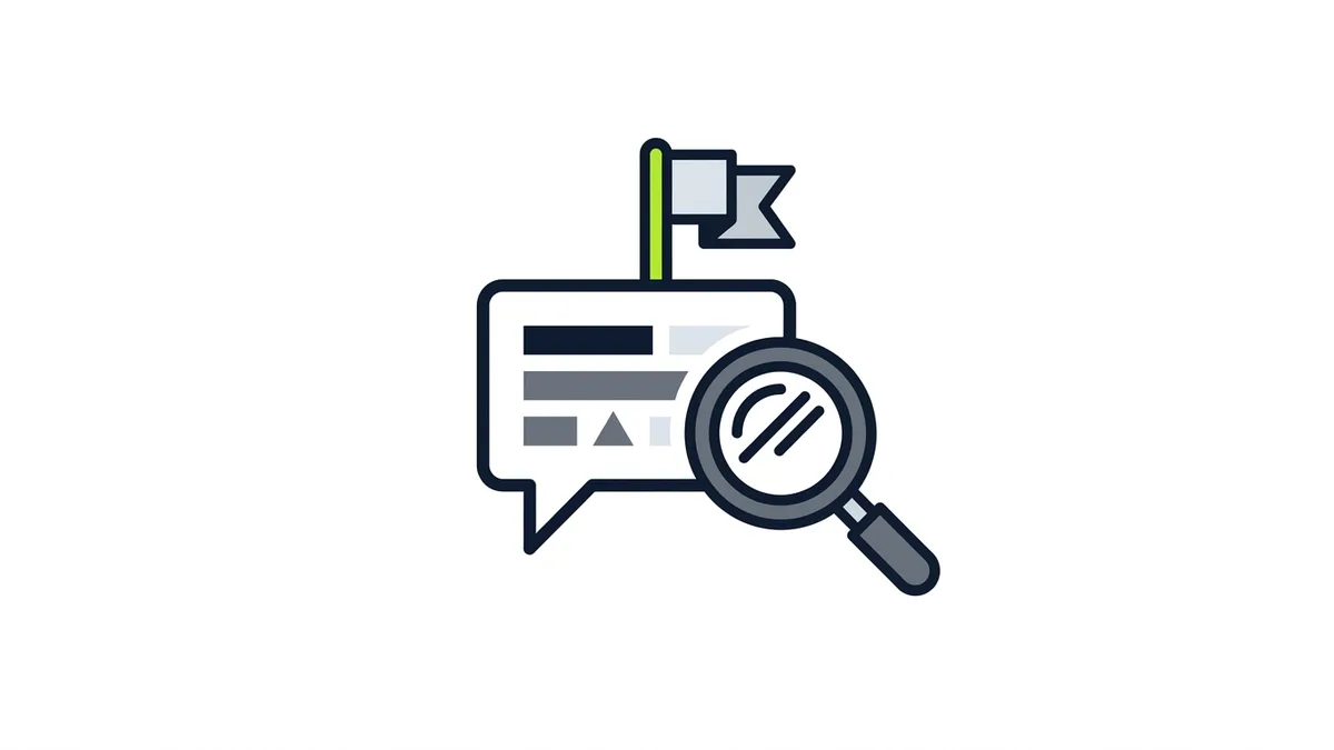 Illustration of a review speech bubble with a flag planted on it, next to a magnifying glass