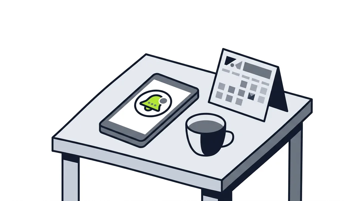 Illustration of a desk with a phone showing a notification bell, a coffee cup and a small calendar
