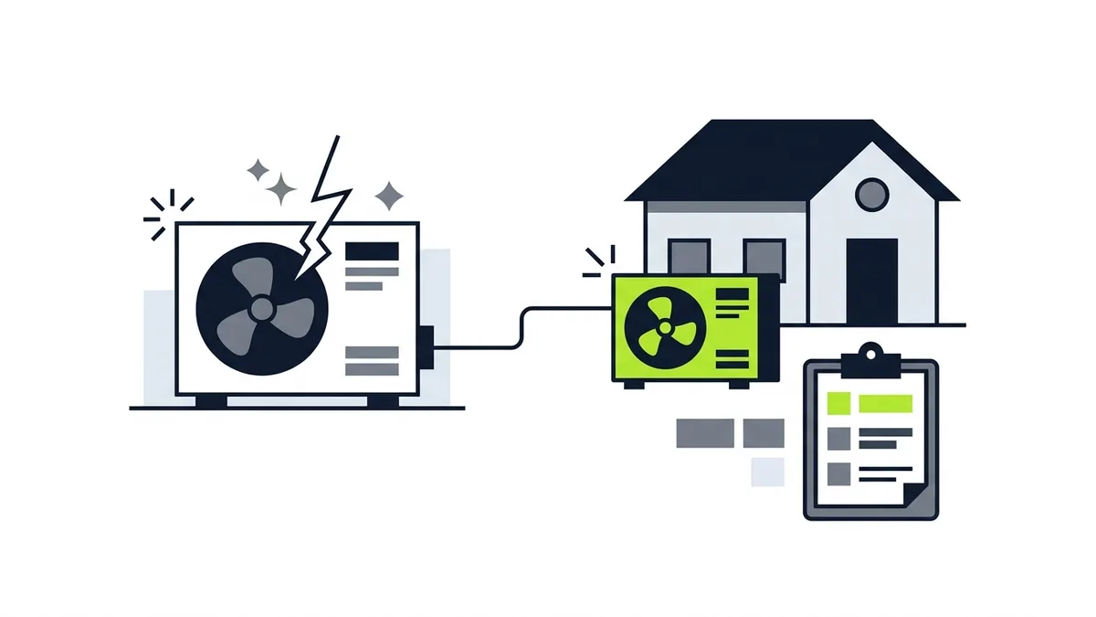 Illustration of a broken outdoor unit on the left and a new green unit with a checklist beside a house on the right