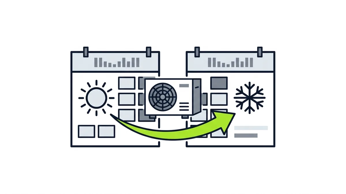 Illustration of two calendars, one with a sun and one with a snowflake, linked by a green arrow
