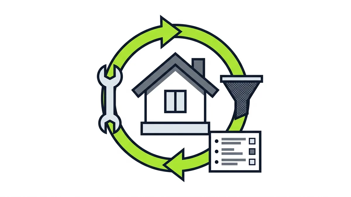 Illustration of a house inside a green circular arrow with a wrench, a filter and a checklist