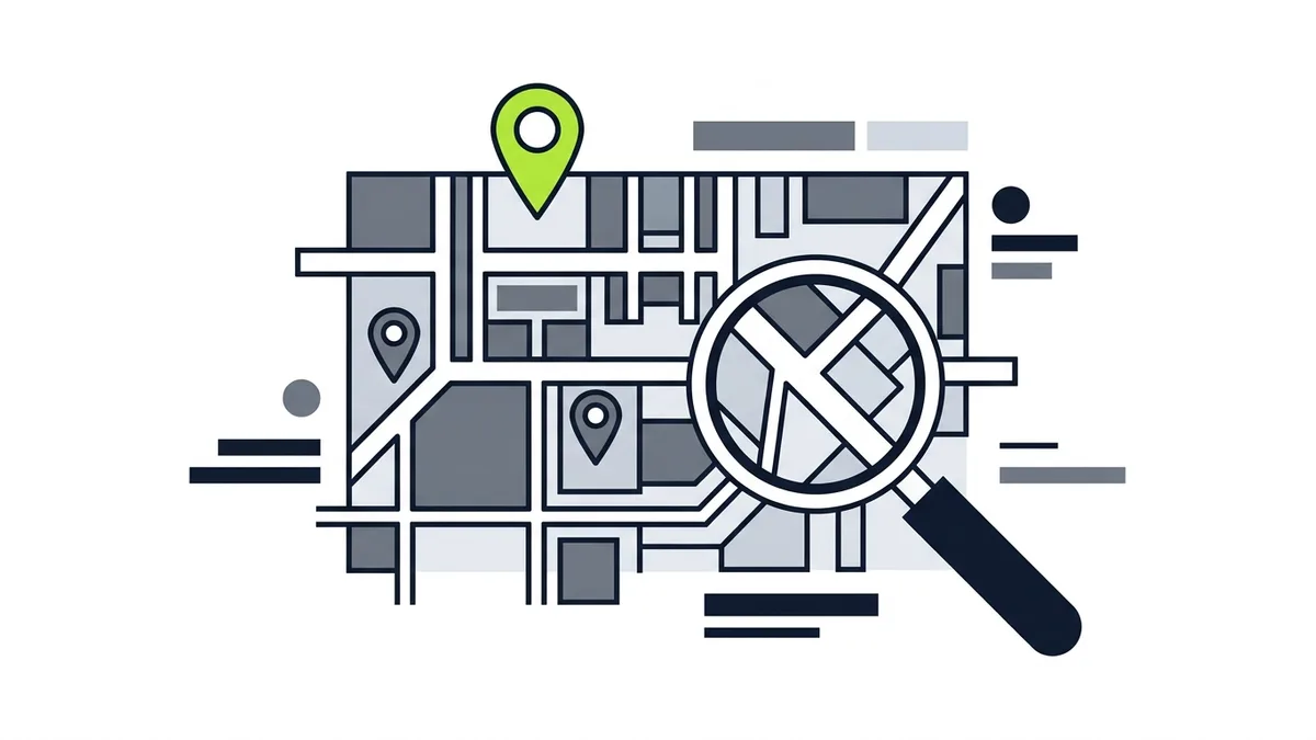Illustration of a street map with three pins, the top one in green, under a magnifying glass
