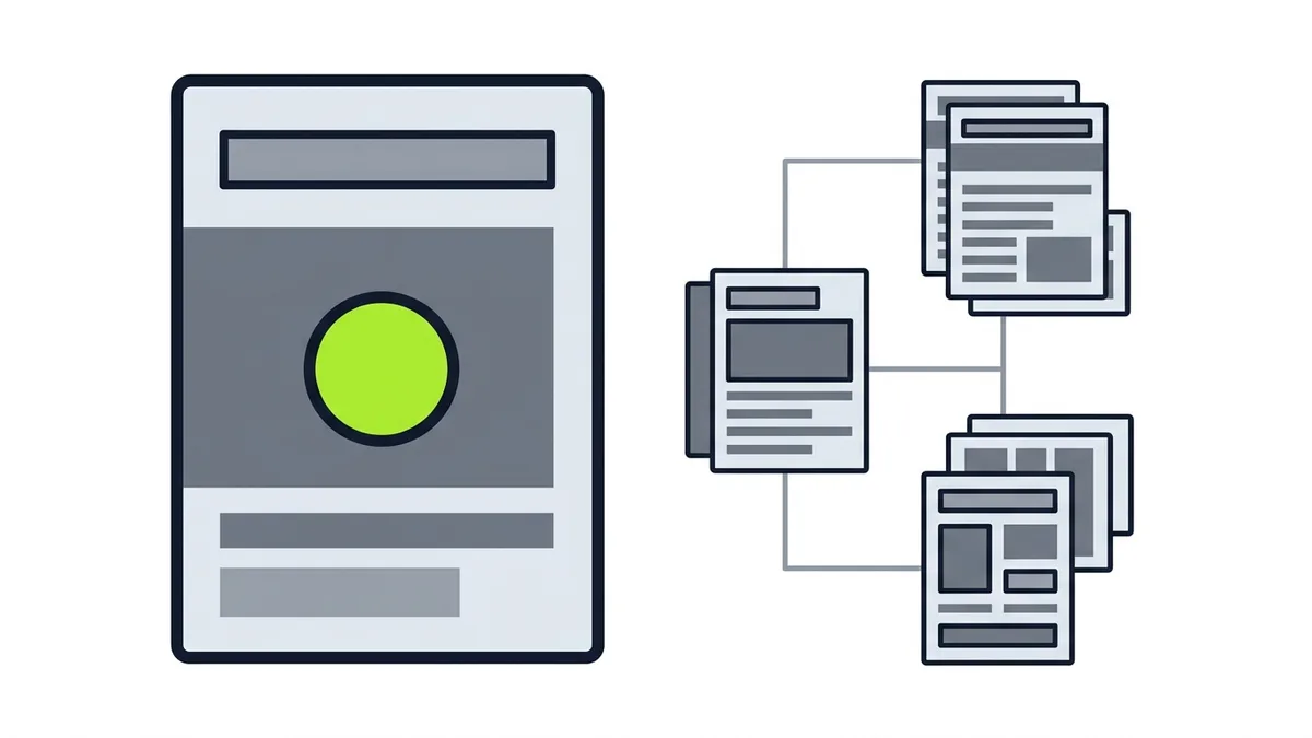 Illustration of one large page with a green button next to a group of connected smaller pages