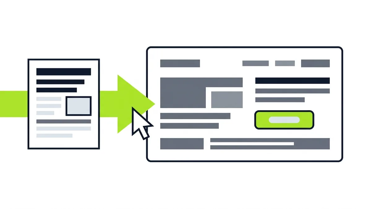 Illustration of a cursor clicking a green ad card with an arrow leading to a focused page with one button