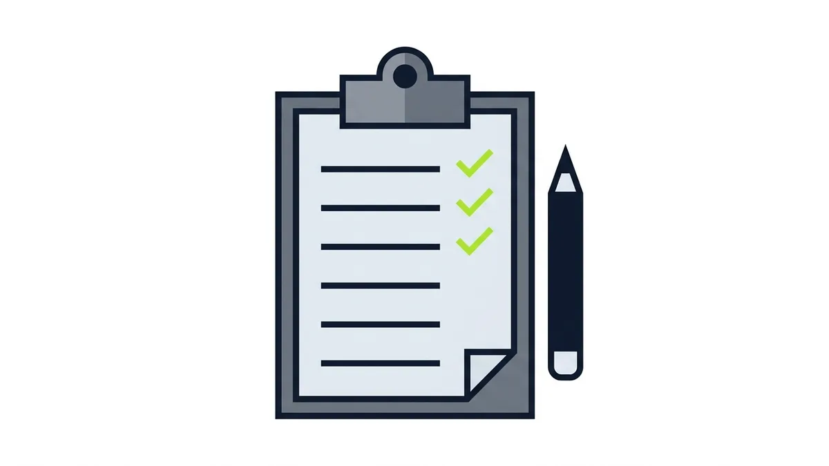 Illustration of a clipboard with a list and three green check marks next to a pencil