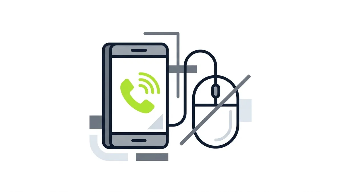 Celular com símbolo de ligação em verde ao lado de um mouse de computador riscado